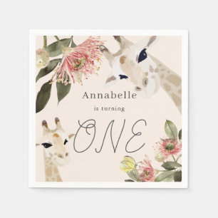 Giraffe Pink Floral Girl 1st Birthday Napkins