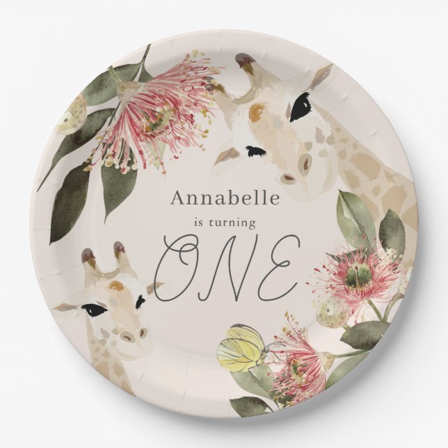 Giraffe Pink Floral Girl 1st Birthday Paper Plates (Front)