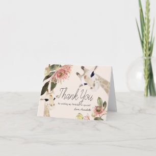Giraffe Pink Floral Girl 1st Birthday Thank You Card