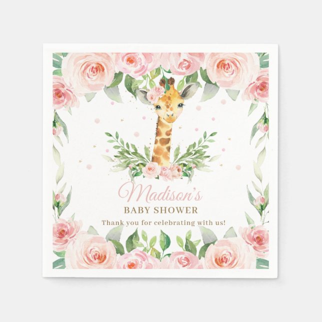 Giraffe Pink Floral Girl Baby Shower Birthday  Napkins (Front)