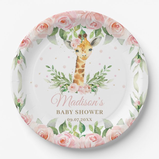 Giraffe Pink Floral Girl Baby Shower Birthday  Paper Plates (Front)