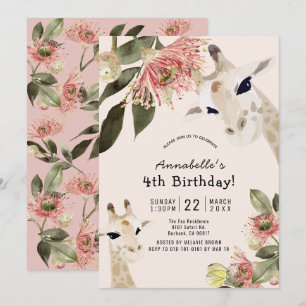 Giraffe Pink Floral Girl Birthday Invitation