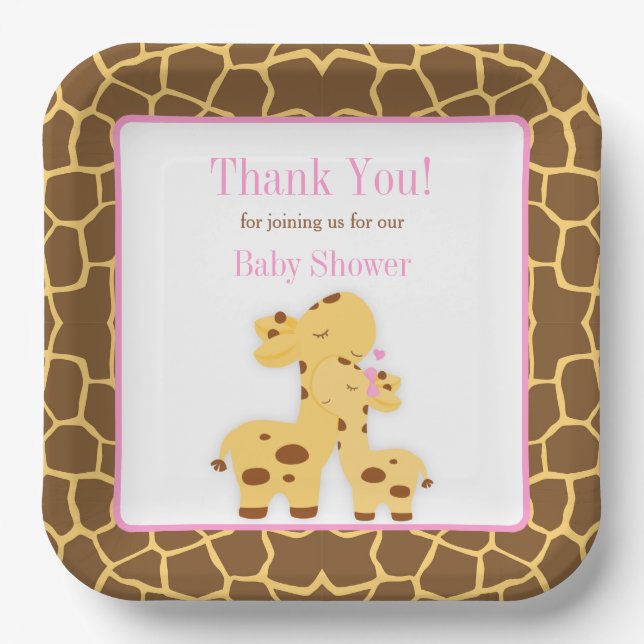 Giraffe Pink Girl Baby Shower Paper Plates (Front)