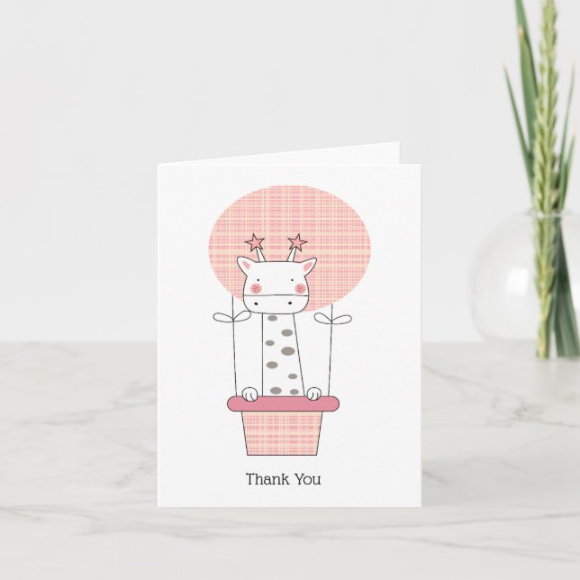 Giraffe Pink Hot Air Balloon Girl Thank You Card (Front)