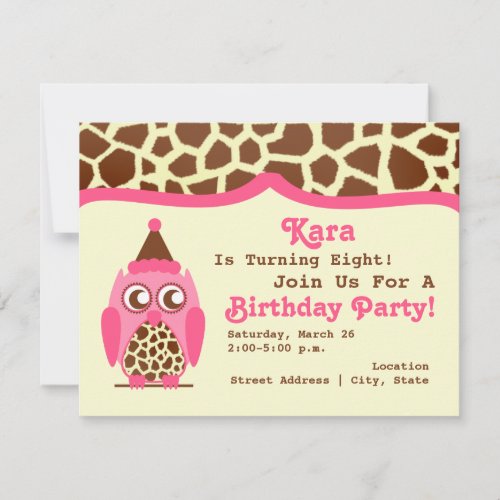 Giraffe &amp; Pink Owl Birthday Party Invite