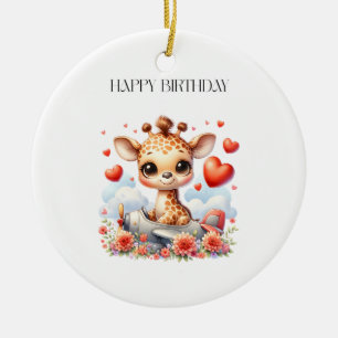 Giraffe Plane Birthday Ceramic Ornament