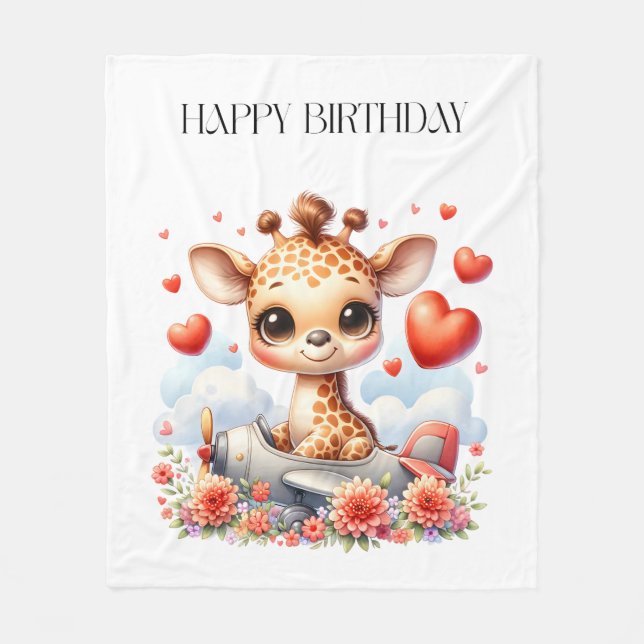 Giraffe Plane Birthday Fleece Blanket (Front)
