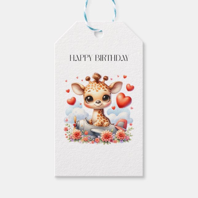 Giraffe Plane Birthday Gift Tags (Front)