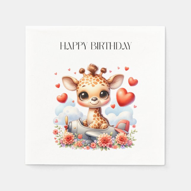 Giraffe Plane Birthday Napkins (Front)