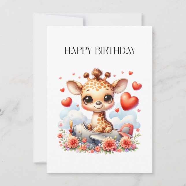 Giraffe Plane Birthday Note Card (Front)