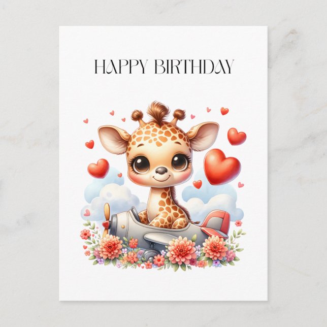 Giraffe Plane Birthday Postcard (Front)