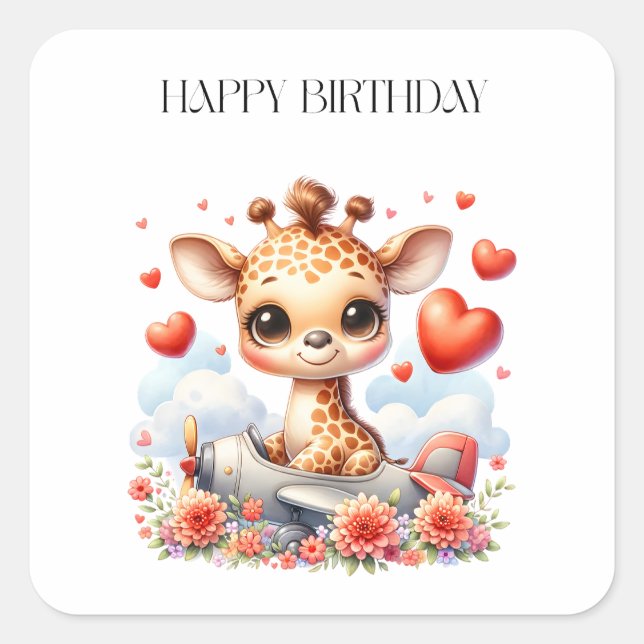 Giraffe Plane Birthday Square Sticker (Front)