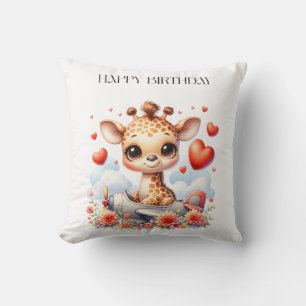 Giraffe Plane Birthday Throw Pillow