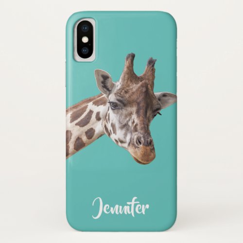 Giraffe Portrait on Teal Personalized Name iPhone X Case