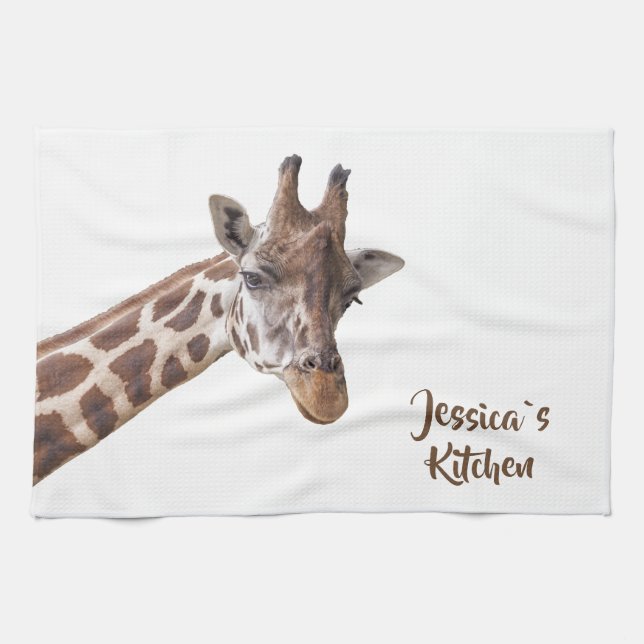 Giraffe Portrait on White Personalized Name  Kitchen Towel (Horizontal)
