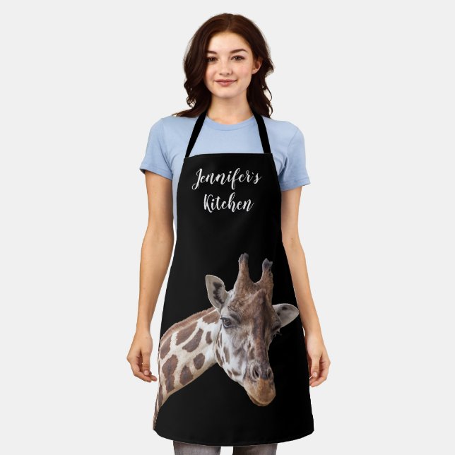 Giraffe Portrait Photo Personalized Name Apron (Worn)
