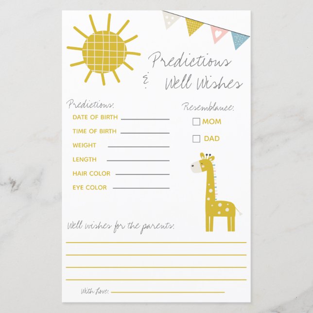 Giraffe Predictions & Well Wish Baby Shower Game (Front)