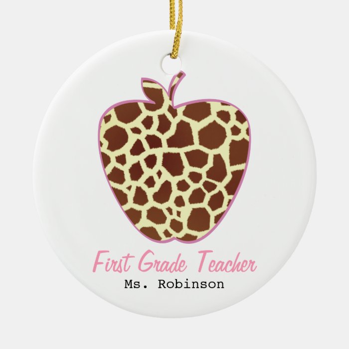 Giraffe Print Apple First Grade Teacher Christmas Ornaments