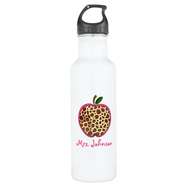 Giraffe Print Apple Gym Teacher Stainless Steel Water Bottle (Front)