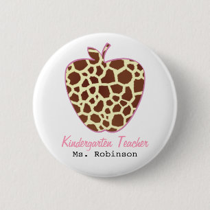 Giraffe Print Apple Kindergarten Teacher Button