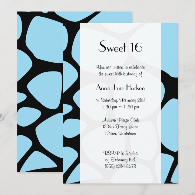 Giraffe Print, Blue Giraffe, Jungle, Sweet 16 Invitation (Front/Back)