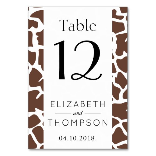 Giraffe Print Brown Giraffe Wild Animal Wedding Table Number