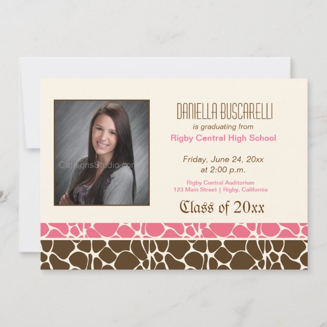 GIRAFFE PRINT GRADUATION ANNOUNCEMENT Pink/Brown (Front)