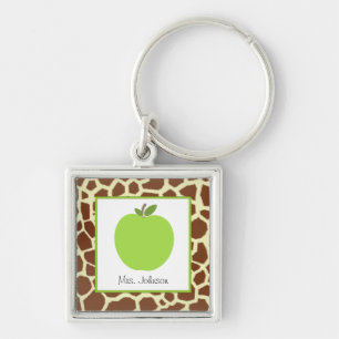 Giraffe Print & Green Apple Personalized Teacher Keychain