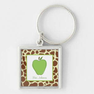 Giraffe Print Green Apple Personalized Teacher Keychain