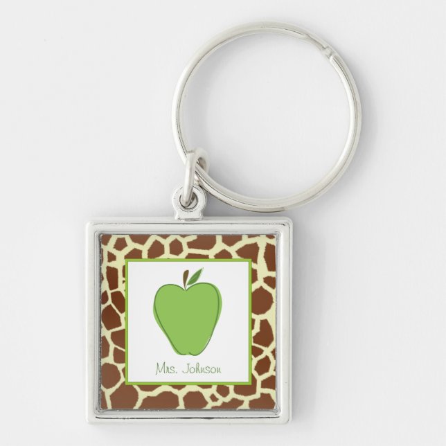 Giraffe Print Green Apple Personalized Teacher Keychain (Front)