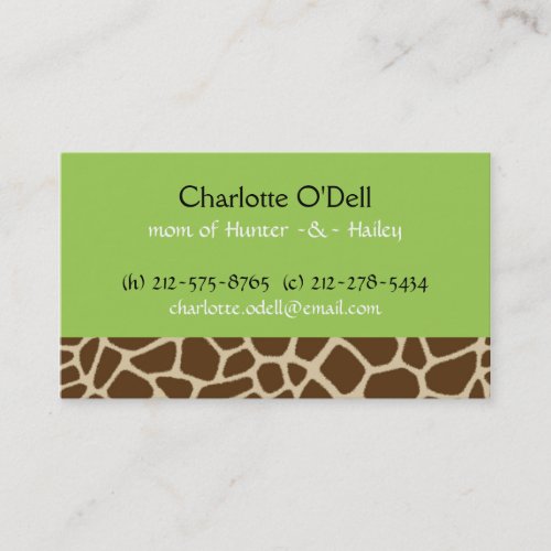 giraffe print green mommy card business card
