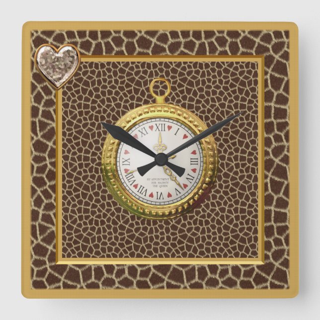 Giraffe Print, Heart Jewel & Gold Watch Square Wall Clock (Front)