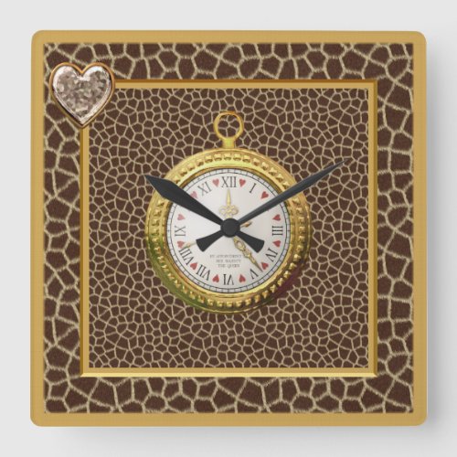 Giraffe Print Heart Jewel  Gold Watch Square Wall Clock