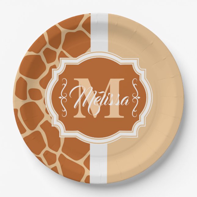 Giraffe Print Monogram Paper Plates (Front)