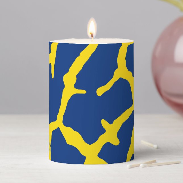 Giraffe Print Navy Yellow Pillar Candle (In Situ)
