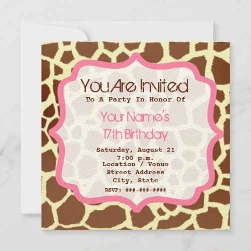 Giraffe Print &amp; Pink Birthday Party Invitation