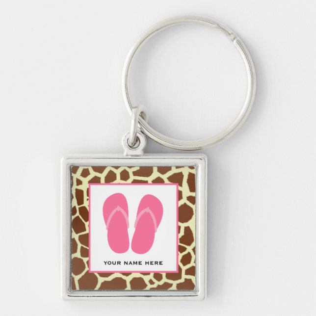 Giraffe Print & Pink Flip Flops Personalized Keychain (Front)