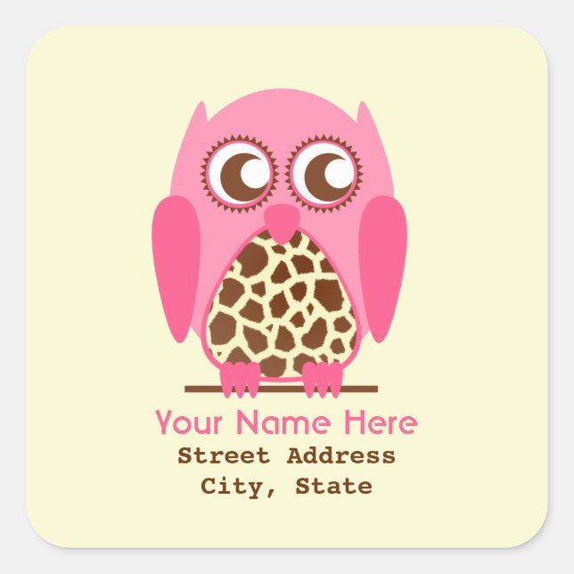 Giraffe Print & Pink Owl Address Sticker (Front)