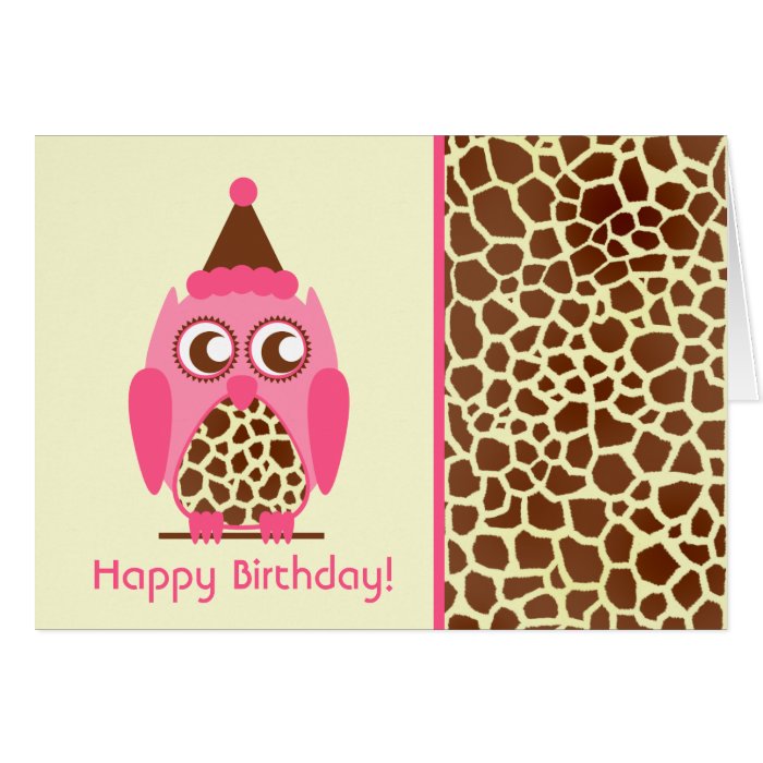 Giraffe Print & Pink Owl Birthday Card