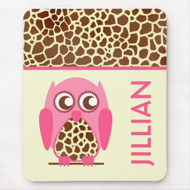 Giraffe Print & Pink Owl Personalized Mousepad (Front)