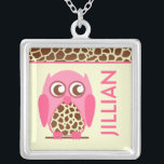 Giraffe Print & Pink Owl Personalized Necklace<br><div class="desc">A necklace featuring an illustration of a giraffe print and pink owl.  Matching border at top.  Personalize with your name at right in pink.  Look for matching items at Jill's Paperie.</div>