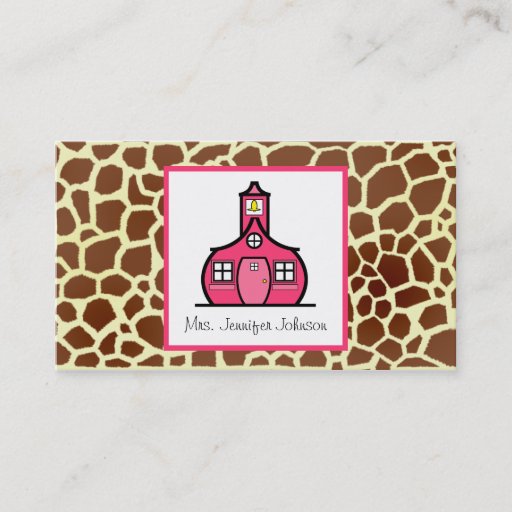Customizable Giraffe Print Pink Schoolhouse Teacher Business Cards