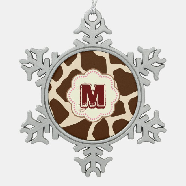 Giraffe Print Snowflake Pewter Christmas Ornament (Front)
