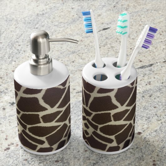 Giraffe print soap dispenser toothbrush holder set (Front)