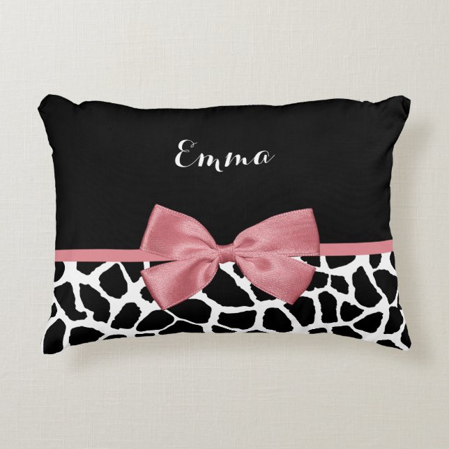Giraffe Print With Chic Dusty Rose Pink Bow Design Accent Pillow (Front)