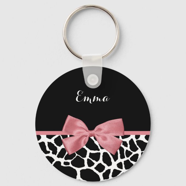 Giraffe Print With Chic Dusty Rose Pink Bow Design Keychain (Front)