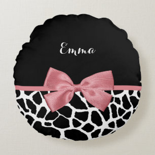 Giraffe Print With Chic Dusty Rose Pink Bow Design Round Pillow
