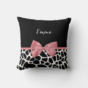 Giraffe Print With Chic Dusty Rose Pink Bow Design Throw Pillow