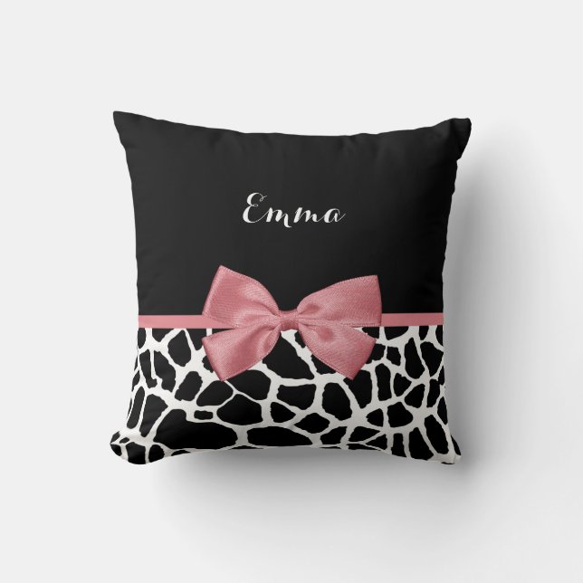 Giraffe Print With Chic Dusty Rose Pink Bow Design Throw Pillow (Front)