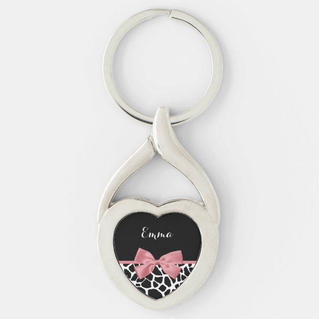 Giraffe Print With Dusty Rose Pink Bow Design Keychain (Front)